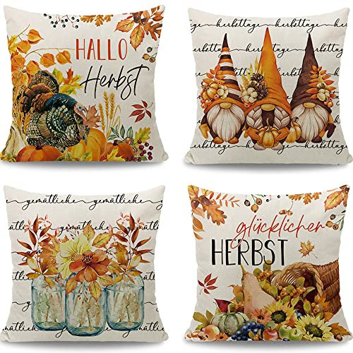 Cirzone Herbst Kissenbezug 40 x 40 cm 4er Set Hallo Kürbis Dekorative Kissen Herbst Dekoration für Home Garten Sofa Schlafzimmer…
