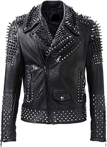 Herren Brando Spikes Nieten Rock Punk Motorrad Schwarz Biker Lederjacke, Schwarz - Echtleder, XS