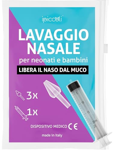 IPICCOLI Set Lavaggio Nasale Bambini e Neonati con Olive Nasali per Lavaggi Neonato e Maxi Siringa 20ml per Lavaggi Nasali Bambini. Metodo Naturale. Ecosostenibile. (3 Olive, 1 Siringa 20ml)