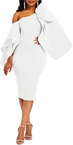 VERWIN Bodycon Dress for Woman Long Sleeve Knee-Length Ruffle Sleeve Off Shoulder Evening Dress M White