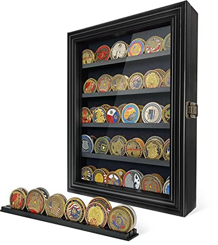 Challenge Münzvitrine Wandhalterung Militär Münzhalter Vitrine Rack Shadow Box Massivholz Challenge Münzrahmen mit abnehmbarem Regal HD Glastür für Casino Poker Chip Sammlerstücke, Schwarz
