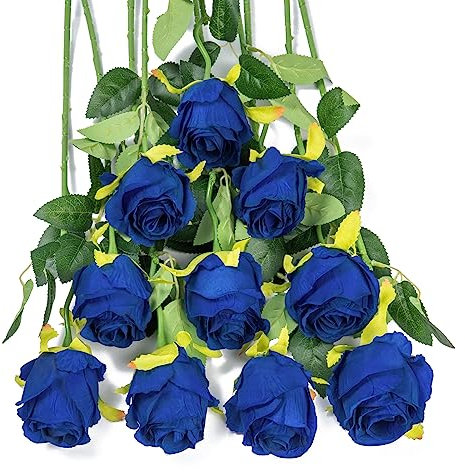 DuHouse Lot de 10 Roses artificielles en Soie pour décoration de Mariage, Maison, fête (Bleu Roi)