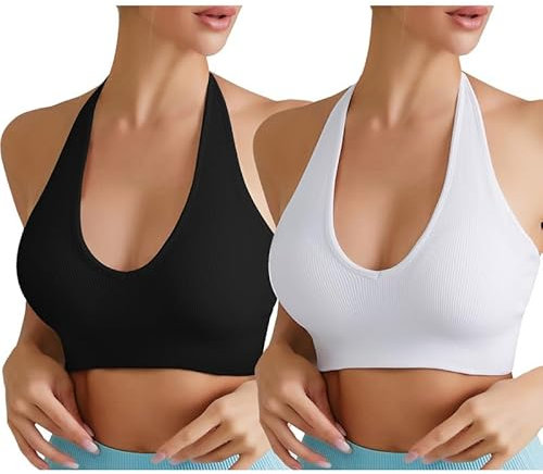 Sport BH Damen Sexy Neckholder Rückenfrei Tiefer V Ausschinitt Backless Sport BH ohne Bügel Gepolstert Push Up Bra Seamless Verstellbare Träger Mid Impact Support Fitness Yoga