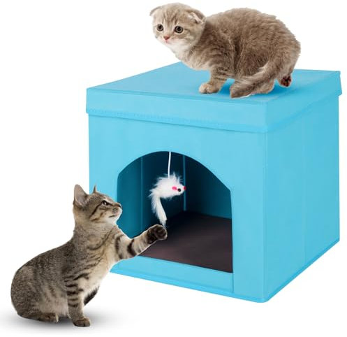 Powerking Collapsible Cat Bed for Indoor Cats or Kittens - Foldable Cube, Cave, Kitty Stool Condo, 13 x 13 x 13 Inches (Blue)