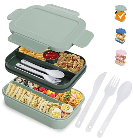 HappyRhino Bento Box Lunchbox Erwachsene für Frauen - 2000 ml Doppelschicht Auslaufsicher, 4+4 Fächer, mit Gabel & Löffel, BPA-frei, Mikrowellen- und Spülmaschinenfest (Grün)