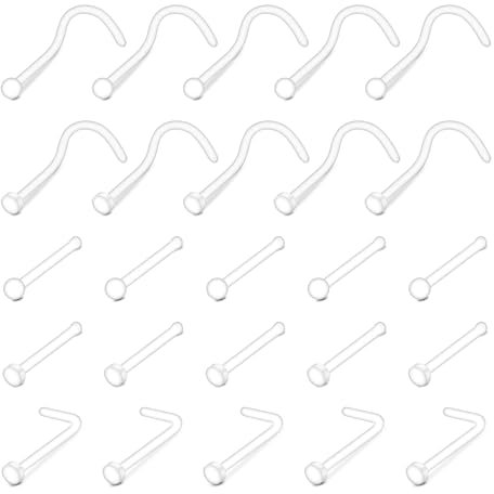 NIUSIMAN 25PCS 18G anneau de nez clair anneaux de nez Bioflex reteneur de goujon, anneaux de nez en forme de L anneaux de nez tire-bouchon Piercing bijoux pour femmes hommes
