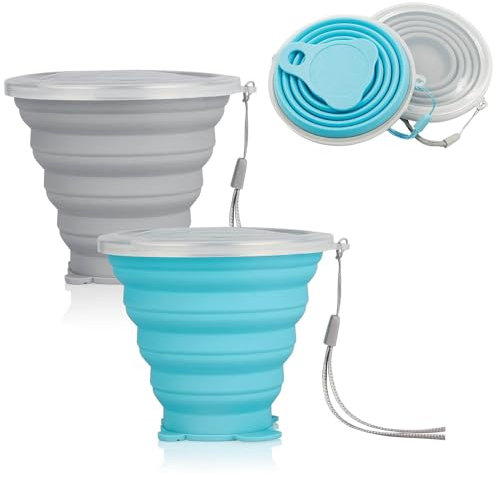 Tinkber 2 Pièces Gobelet Pliable en Silicone, Tasse de Voyage Pliable, Tasse en Silicone Pliable avec Couvercle, Tasses de Voyage Pliables Portables, pour Pique-nique, Camping