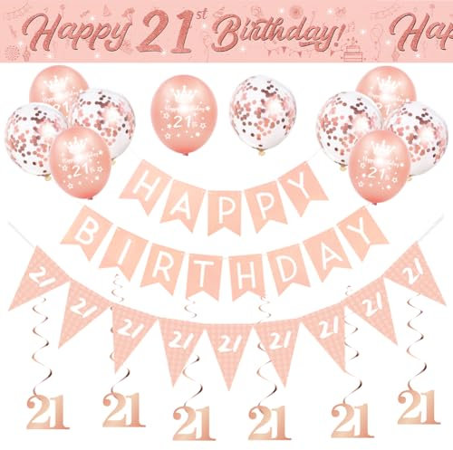 21st BIrthday Decorations for Her-Rose Gold 21st Birthday Banners for Girls,Happy 21st Birthday Party Decor Include Banner Bunting Hanging Swirls Triangle Flags Confetti Latex Balloons