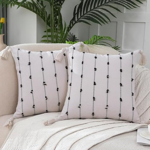 Tosleo 2 Stück Boho Kissenbezüge aus Leinen Kissenhülle mit Quasten 45x45cm Sofakissen Dekokissen Schwarz Dünne Linie Kissen für Sofa Couch Wohnzimmer Garten Kopfkissenbezug Bauernhaus Zuhause