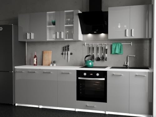 roe furniture Küchenzeile ohne Elektrogeräte - Modern Einbauküche 280 cm - Küche Komplett Leco - Küchenblock - Geräumige Singleküche - Küchenmöbel Komplett Grauer Hochglanz & Weiße Arbeitsplatte