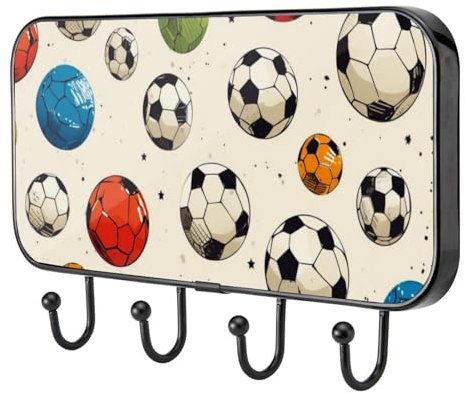 etoenbrc Crochets muraux à motif de football, 4 crochets en fer pour accrocher manteaux, porte-manteaux décoratifs pour mur, très résistants pour vêtements, sacs, clés