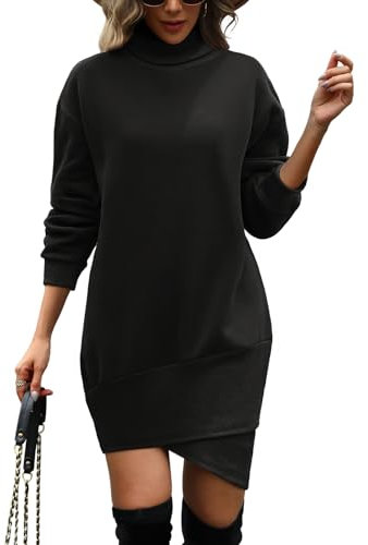 UMIPUBO Womens Hoodie Jumper Fleece Hoodies Dress Long Sleeve Pullover High Neck Casual Warm Sweatshirt Dresses Long Tunic Top for Ladies Autumn Winter (Black, M)