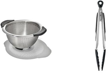 OXO Good Grips Stainless Steel 2.8L Colander, Metal & Good Grips 22.8 cm Tongs with Silicone Heads, Black