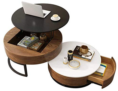 Round Coffee Table Storage Lift-Top Wood Coffee Table Lifts up with Rotatable Drawers Multi-Function Table for Small Spaces Marble A (B)