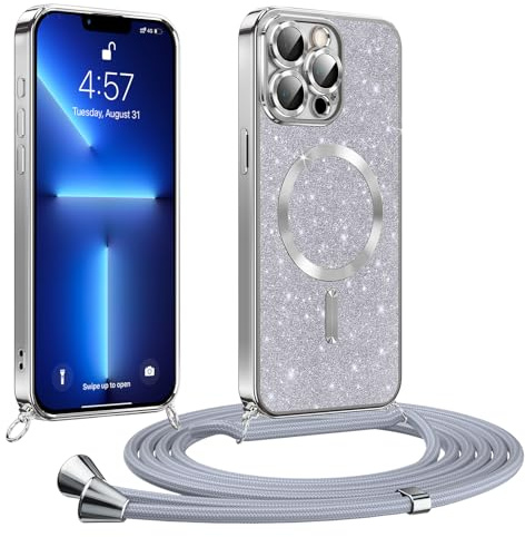 Phoona handyband Hülle für iPhone 13 Pro mit Band, Glitzer Handyhülle Kompatibel mit MagSafe, Ganzkörperschutz Kratzfeste Stossfest Schutzhülle mit Einstellbar Kette, Silber