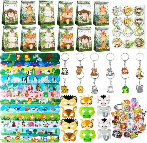 98 Stück Safari Party Mitgebsel Set, Jungle Animal Schlüsselanhänger Schnapparmband Aufkleber Geschenktüten Masken, Dschungel Party Supplies, Tiere Party Zubehör für Kindergeburtstag Party Favors