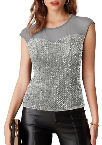 GRACE KARIN Damen Pailletten Glitzer Top Samt Sequin Sexy Glitzer Bluse Mesh Cap Ärmel Elegant Pailletten Oberteil XL Silber