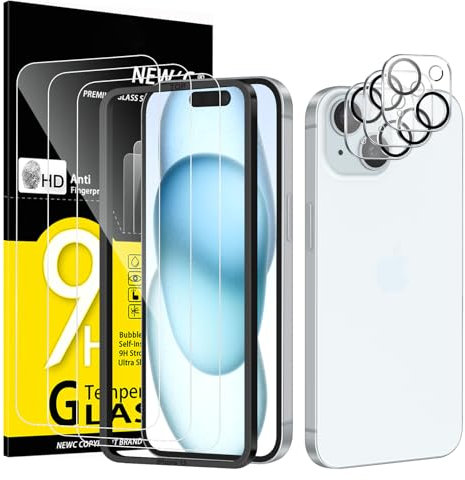 NEW'C 3 x Protector Pantalla para iPhone 15 (6,1 Pulgadas) y 3 x Protector de Lente de Cámara - Cristal Templado + Tapón Antipolvo - Herramienta de instalación fácil incluida