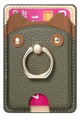 COQUE Porte-Cartes à Motif d'ours Litchi avec Anneau de Support, adapté aux séries iPhone 15/14/13/12,Portefeuille Universel en Cuir pour téléphone, Porte-Cartes pouvant contenir 5 Cartes-Vert foncé