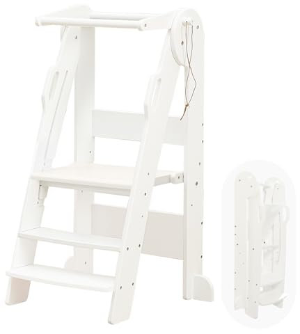 FUNLIO Torre de 3 Niveles Ajustable en Altura para niños pequeños con barandillas de Seguridad, Torre Plegable de Cocina para niños de 2 a 6 años, Torre Montessori de pie para Aprender - Blanco