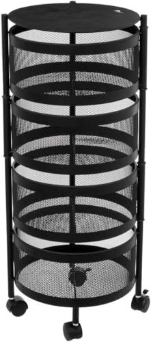 Resserre 4 Paniers Rotatifs Sur Roues En Acier Noir | H 75 Cm X D 30 Cm | Etagère De Rangement Cuisine, Salle De Bain, Bureau...