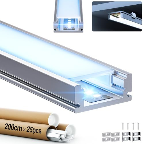 GEEKLUX 25 x LED Profil für Streifen 2 m (50 m), LED Schiene Aluminium für Trockenbau, geeignet für LED Stripes bis 12 mm Breite, Maße: 17.4 x 7 mm, Einbau für Fliesen, Gipskarton, Holzpaneele