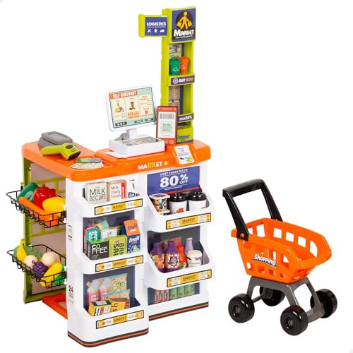 ColorBaby 47965 My Home Supermercacado Juguete con Carrito, Luz y Sonido Realista, Caja registradora electrónica, +50 Piezas, Tamaño 50x42x82 cm, Juguetes para niños 3 años