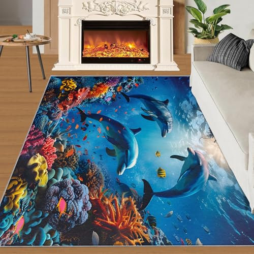 SANSJI Ocean Coral Fish Teppiche für Schlafzimmer, 80 x 120 cm, Unterwasser-Delfin-Teppich für Wohnzimmer, Meerblau, Küche, rutschfest, waschbar, schmutzabweisend, Teppich für Esszimmer
