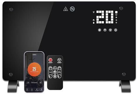 DONYER POWER Riscaldatore convettore da 1500 W, ultra sottile a parete o autoportante, telecomando con timer 24 ore con connettore WiFi, vetro nero