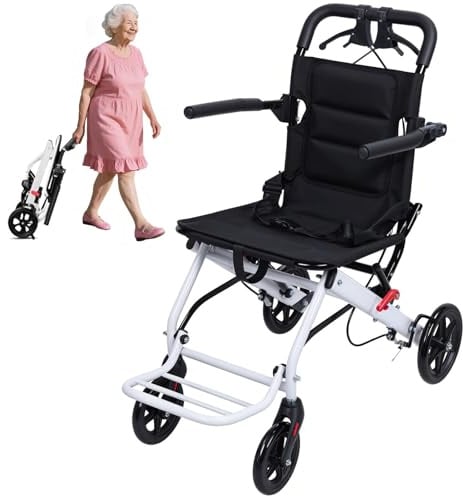Calager Leichter faltbarer Rollstuhl für Erwachsene, tragbarer Transportstuhl mit Fußstützen, verstellbarer Sicherheitsgurt, Aluminiumrahmen, PU-Räder, bis zu 90 kg zusammenklappbarer Reiserollstuhl