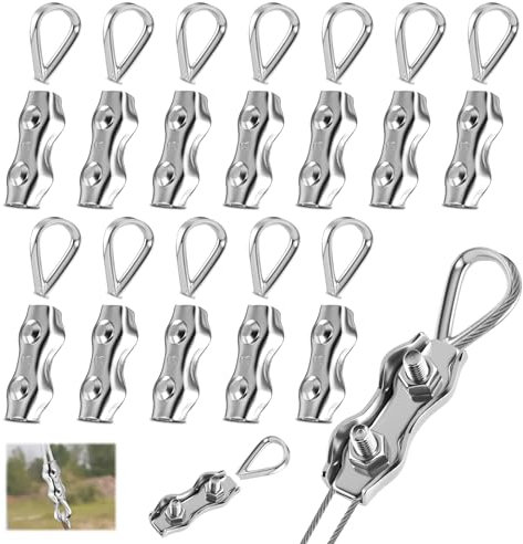 Bubuny Drahtseilklemme M3 24 Stück, 3mm Duplex Klemme Seilverbinder und Drahtseil Kauschen, 304 Edelstahl Seilklemmen, Drahtseilklemmen für Stahlseil Wäscheleinenspanner Markise Fixiert