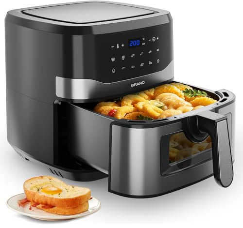 Friggitrice ad Aria Calda 8L| 1750W, 8 Programmi, Display Touch, Finestra Visibile, Inclusa Carta Forno | Per 6-8 Persone | Cottura Sana con Meno Olio