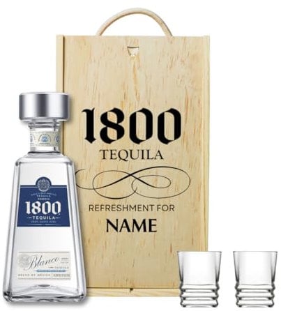 Personalised 1800 Tequila Gift Set with Shot Glasses – Alcohol Present for Men or Women – Tequila Blanco 70cl Bottle (38% ABV) in Engraved Wooden Box – Margarita, Cointreau, Premium Spirits Gift
