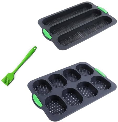 Greyoe 2 Stück Silikon Baguette Backform, Brötchen Backform mit Backpinsel | Antihaft, Leicht Auslösbar, BPA-frei, Wiederverwendbar, Ideal für Baguette, Kuchen und Desserts