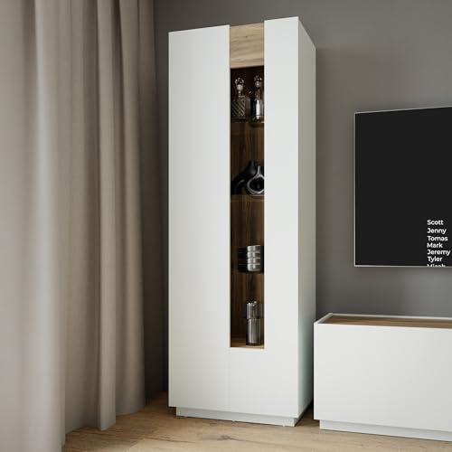 Forte Lewisville Vitrine 60, minimalistische Standvitrine, 1-türig, Wohnzimmer, Glastür, Holzwerkstoff, Secret Grey | Valenica Eiche Holzdekor, 60,9 cm breit x 194,6 cm hoch x 41 cm tief
