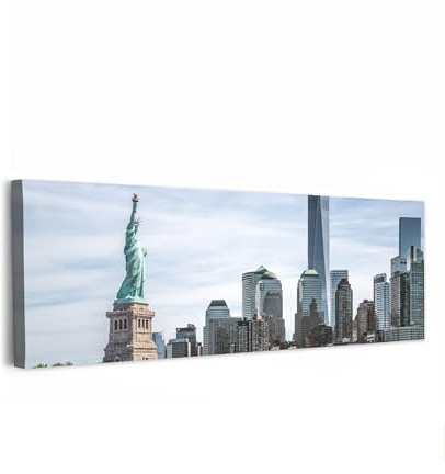 MuchoWow© Leinwandbilder Decoration Bilder für die Wand Schlafzimmer Canvas | 150x50 cm - Painting XXL Wanddekoration Panorama Großes Wandbild New York - Freiheitsstatue - Hudson River