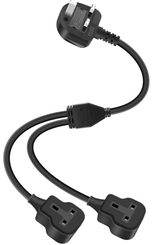 RIIEYOCA 2 Way Short Extension Lead, 2-in-1 Double Socket Power Cable, 13A 250V UK 3-Pin Fused Plug Male to Female Compact Extension Cable for Home, Office, Camping, Travel - Black(0.4M)