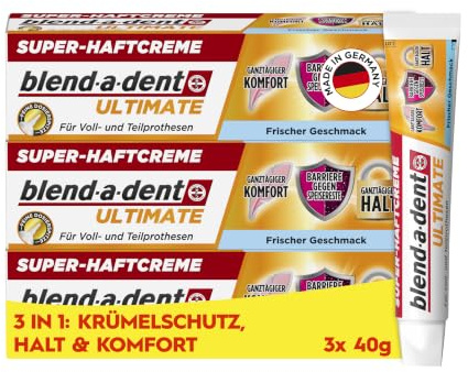 Blend-a-dent Ultimate Haftcreme, 3x 40g | 3in1 für Zahnprothesen: Krümelschutz, Starker Halt Und Komfort, Frischer Geschmack