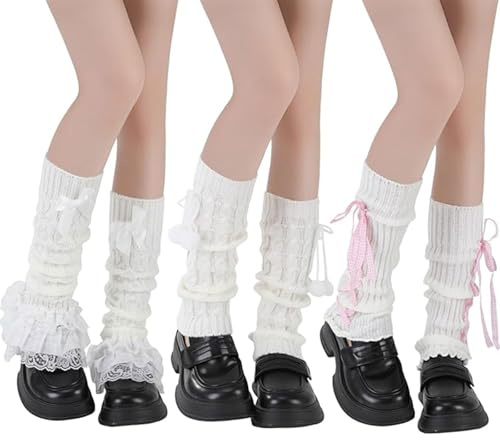 Floruvia 3Paare Kawaii Scaldamuscoli per Ragazze Y2K Lolita Maglia con Fiocco al Ginocchio Ribbed Leg Warmers per Inverno Cosplay Streetwear