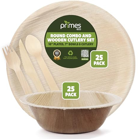 PRIMES ECO 25 pcs Disposable Palm Leaf 10 Inch Round Plates & 7 Inch 700ml Round Bowls with Wooden Spoon Knife Fork Set for Parties, Events, Catering & Everyday Use
