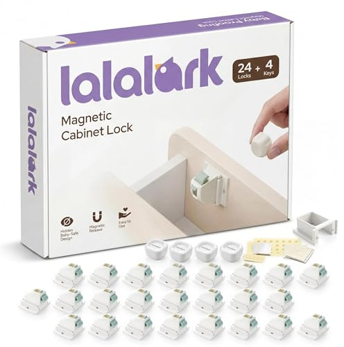 Lalalark Magnetische Kindersicherung (24 Schlösser + 4 Schlüssel), Selbstklebende Kindersicherungen, Unsichtbarer Magnetverschluss, werkzeuglose Kindersicherungen für Schränke, Schubladen und Türen