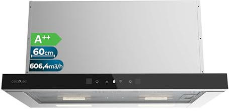 Cecotec Dunstabzugshaube Bolero Flux TLT 605501 Glass Black A++. 60 cm, Glasfront schwarz, 606,4 m³/h, BLDC-Motor, 3 Stufen + Booster, Gestensteuerung, LED, 5-lagige Alufilter, Carbonfilter