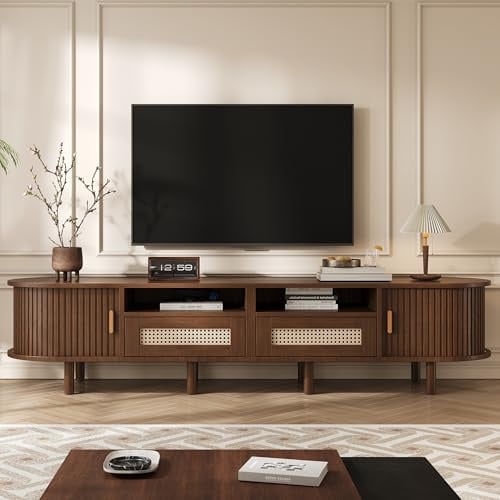 BTM TV Stand with 2 Rattan Drawer and 2 Sliding Doors,Oval TV Cabinet Storage Sideboard with Rounded Corners for livingroom, 170 * 40 * 40cm,Dark Oak,MDF, weight capacity 30kg, suitable for 70inch TV