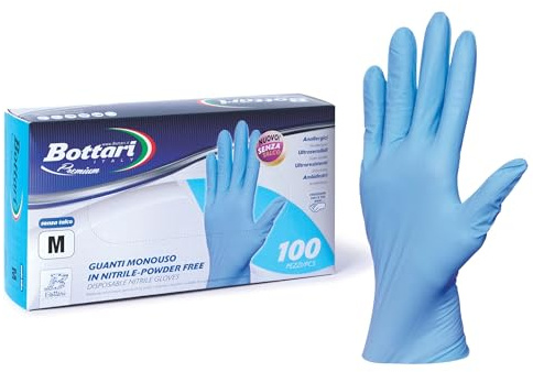Bottari Guanti in Nitrile Monouso Blu, Senza Talco, Confezione da 100 Pezzi, Taglia M, Anallergici, Resistenti