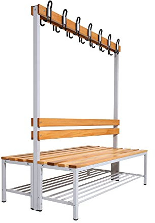 furni24 Umkleidesitzbank mit Stahlrahmen, Garderobenbank Sportraum Bank für Fitnessstudio Buche Echtholz, lackierter, Hakenleiste und TÜV/GS getestet - 150 cm Doppelseitige mit Schuhrost - Grau