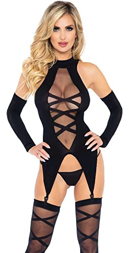 Leg Avenue Opaque Sheer Faux Lace Up Cami Garter & Stockings Set, Nero, Taglia Unica