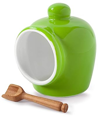 Wm Bartleet & Sons Traditional Porcelain Small Salt Pig with Wooden Salt Serving Spoon - Green