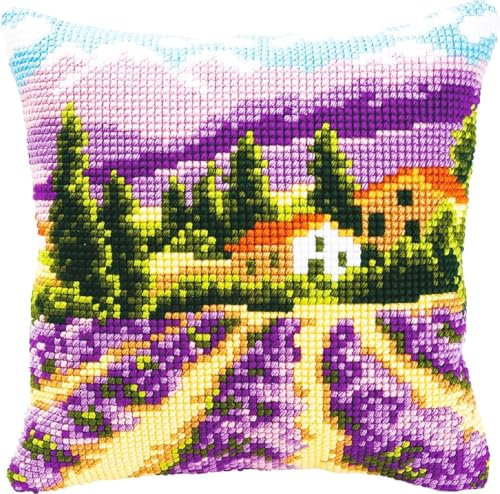 Vervaco Kreuzstich Stickpackungen Kissen Stickerei Set Anfänger Vorgedruckt Provence DIY Set Kreativ Set Für Erwachsene Dekoratives Kissen ca. 40 x 40 cm Bastelset Handwerker Haus Dekoration