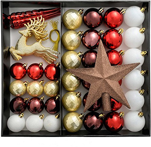 WeRChristmas Shatterproof Luxury Christmas Tree Baubles - 50-Piece, Red/White/Gold/Chocolate/Berry