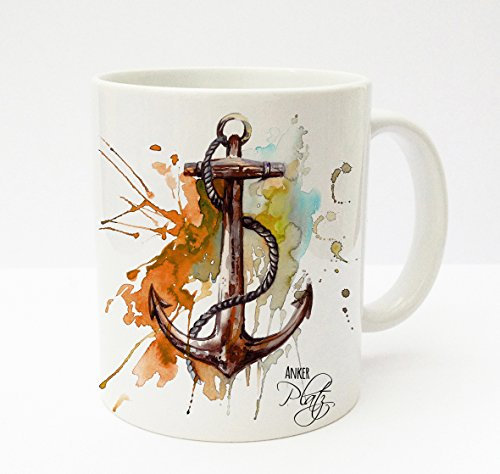 ilka parey wandtattoo-welt® Becher Tasse Kaffeetasse cup mug Anker mit Tau maritim mit Spruch Ankerplatz orange rot ts183